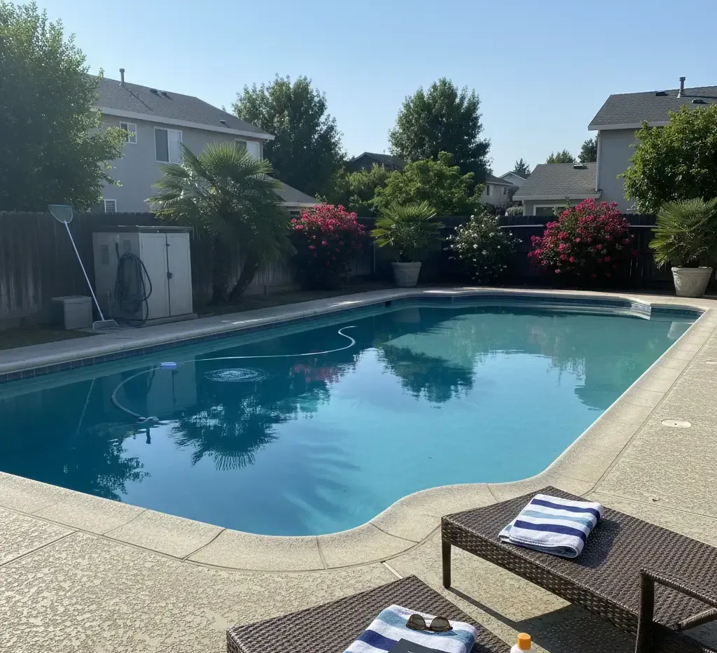 Residential pool showing water clarity issues caused by neglected saltwater pool maintenance