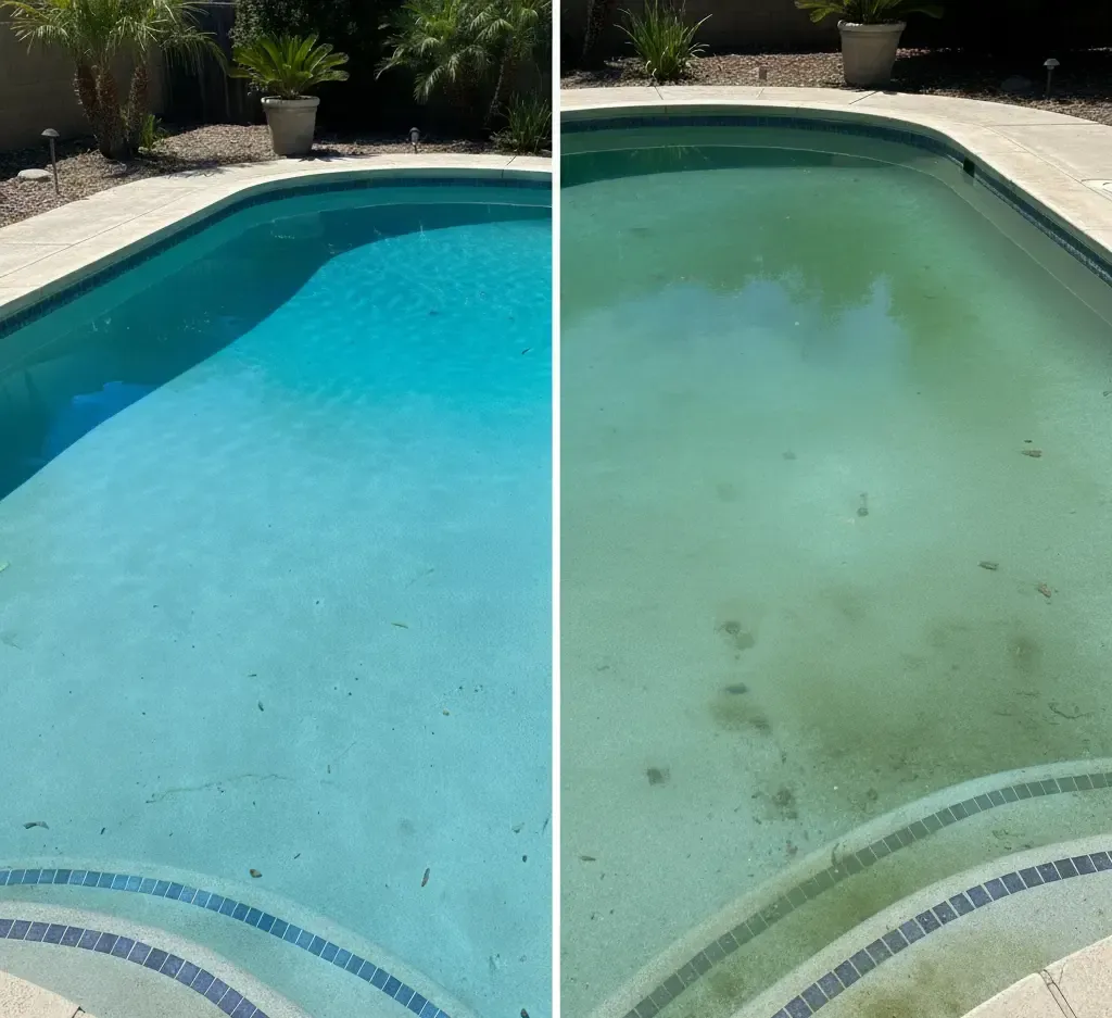 Pool cleaning tools and water test strips on a table beside a cloudy backyard swimming pool, showing pool maintenance and water chemistry testing