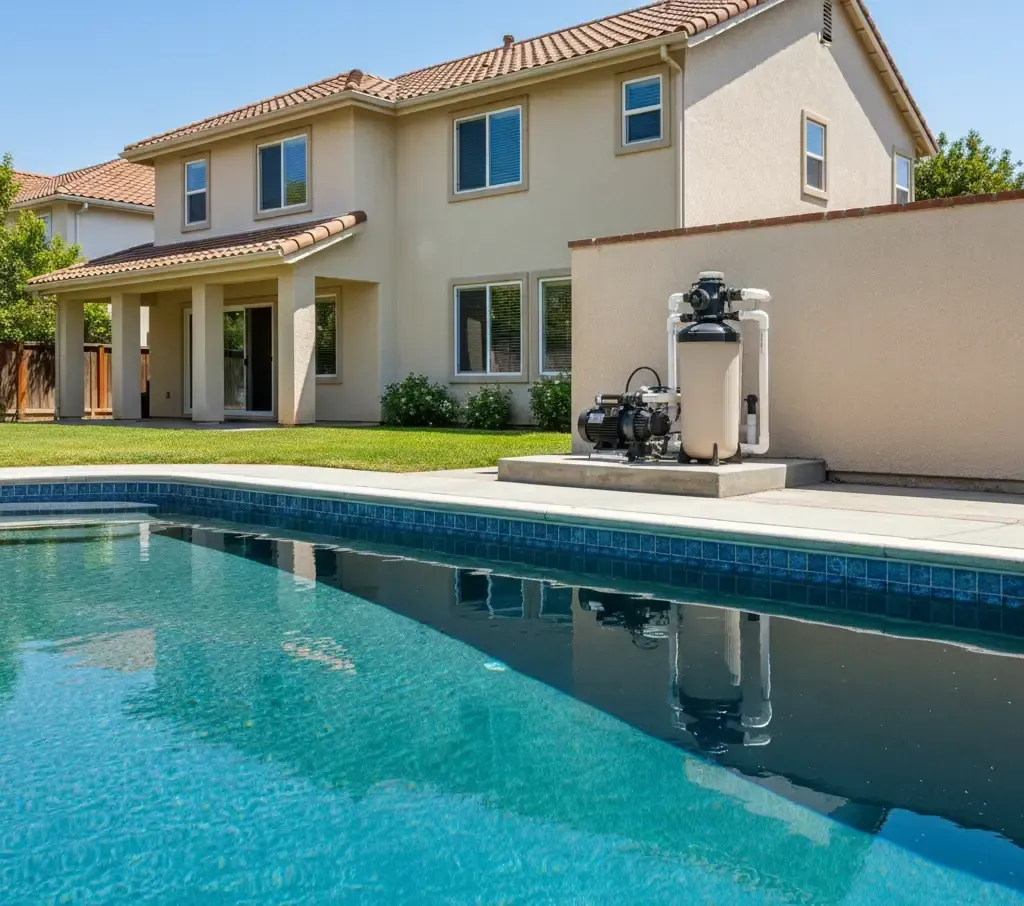 Pool cleaning tools and water test strips on a table beside a cloudy backyard swimming pool, showing pool maintenance and water chemistry testing