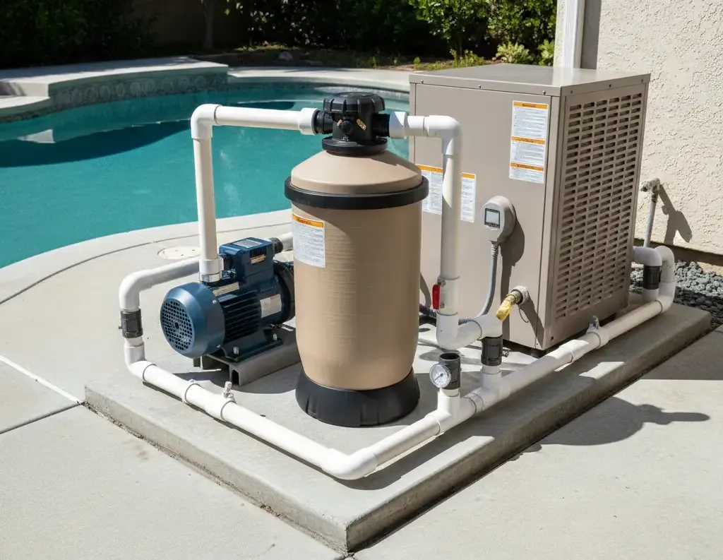 Pool equipment pad with pump and filter during professional pool equipment inspection in Citrus Heights CA