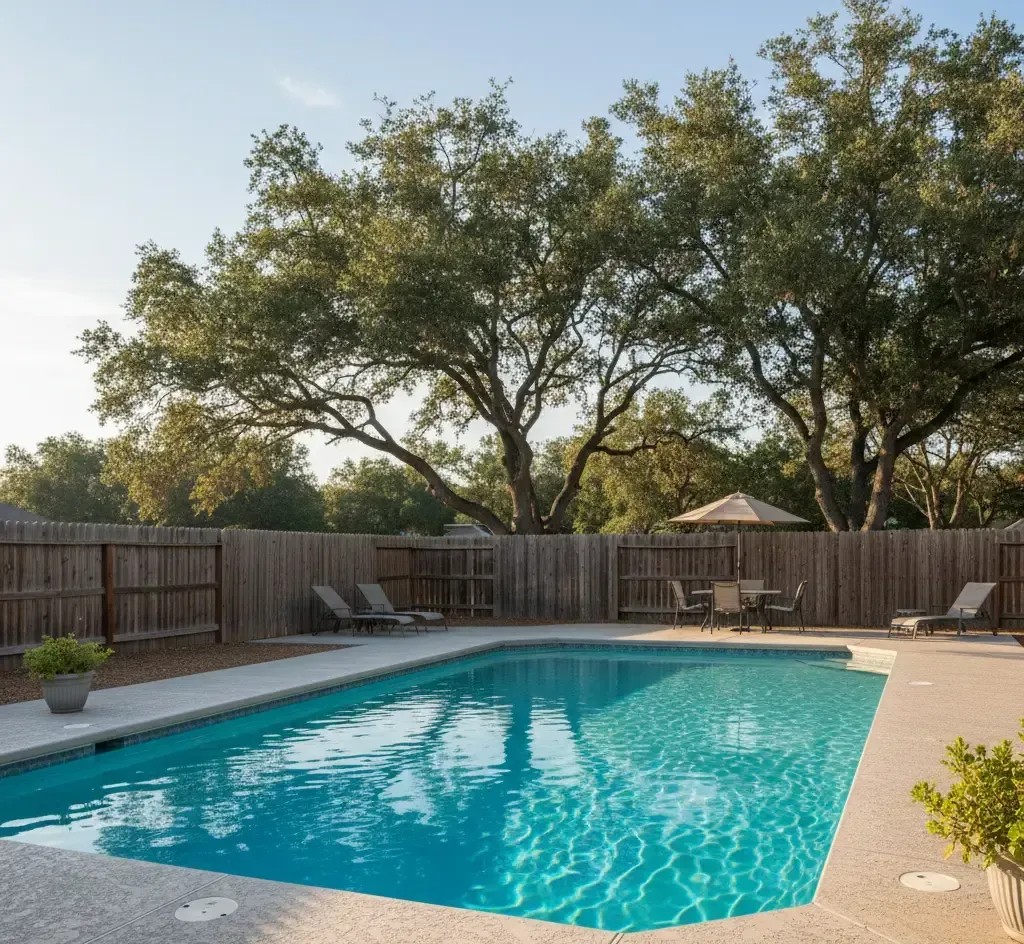 Clear backyard swimming pool representing fast one time pool cleaning service