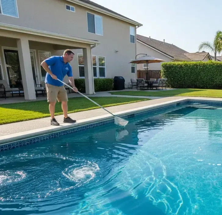 Pool cleaning tools and water test strips on a table beside a cloudy backyard swimming pool, showing pool maintenance and water chemistry testing