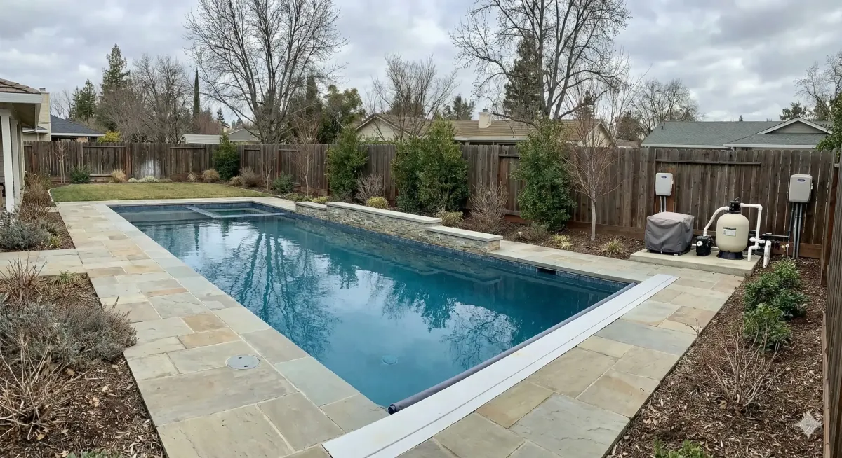 Clean residential swimming pool after professional pool filter cleaning and replacement