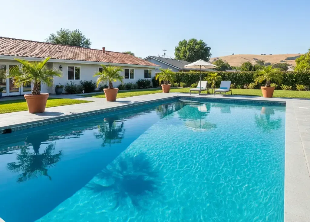 Pool cleaning tools and water test strips on a table beside a cloudy backyard swimming pool, showing pool maintenance and water chemistry testing