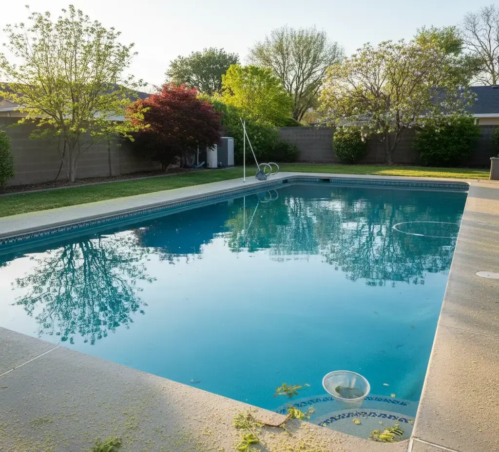 Close up of cloudy pool water showing algae and debris before professional pool cleaning