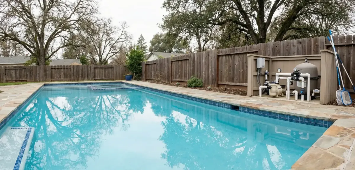 ProfessPool equipment pad showing filter system, pump, and plumbing after professional serviceional pool chemicals and testing supplies used for green pool treatment