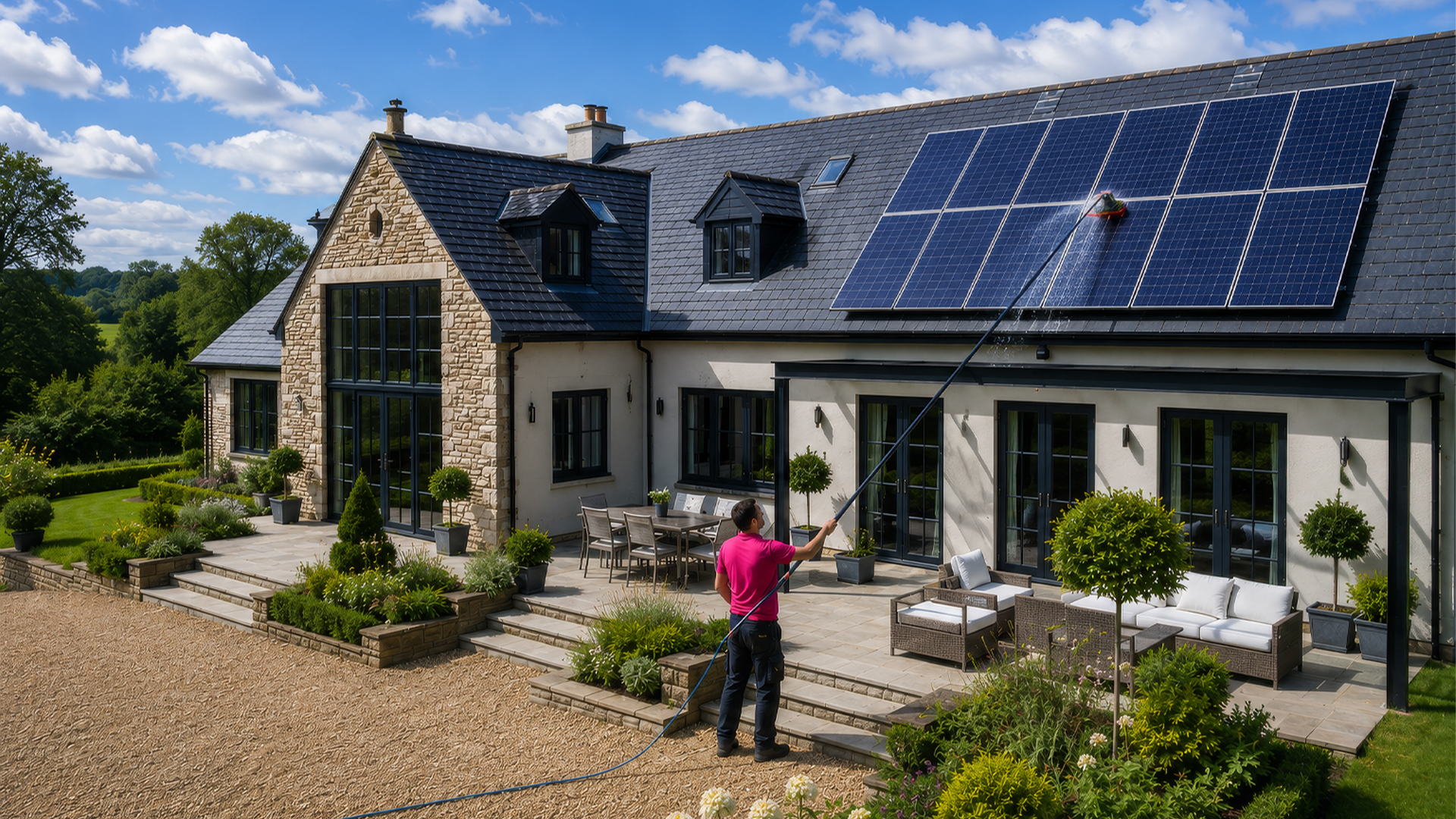 Dirty panels lose up to 25% efficiency. Pure water, soft brushes, no risk to the panels. From £65.