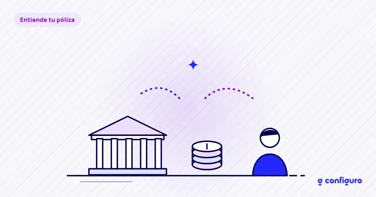 Ilustración: un banco, monedas y una persona que reciben el pago del seguro