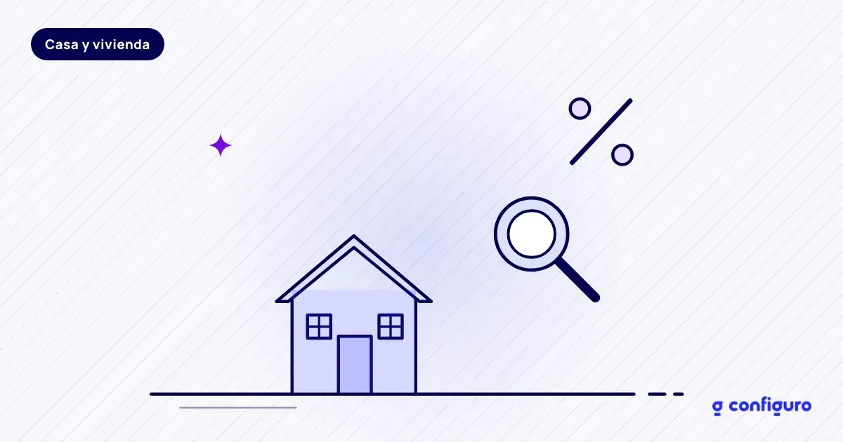 Ilustración: una casa asegurada solo en parte, una lupa y un signo de porcentaje