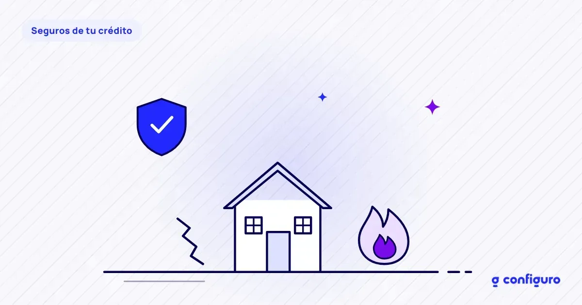 Ilustración: una casa con una llama y una grieta, y un escudo de protección