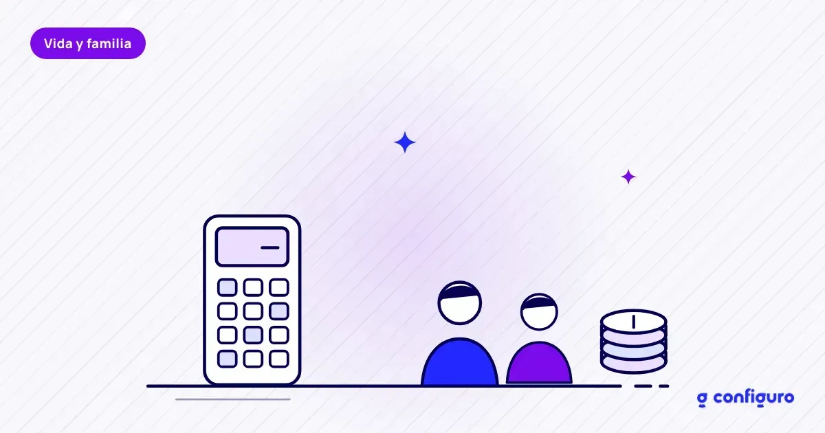 Ilustración de una calculadora junto a una familia: el cálculo de cuánto seguro de vida necesitas