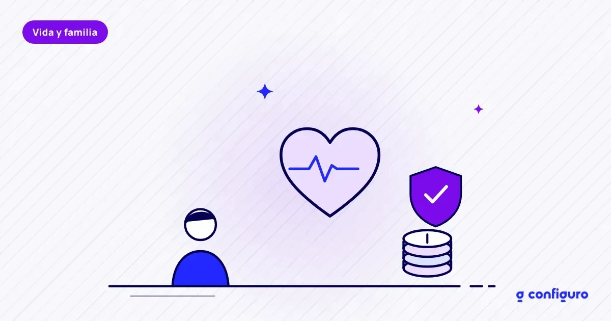 Ilustración de una persona, un corazón con pulso y un escudo: el seguro de vida que paga en vida