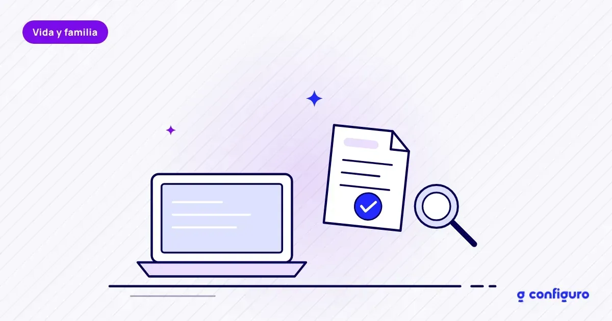 Ilustración de un computador y un certificado revisado con lupa: el seguro de vida del trabajo