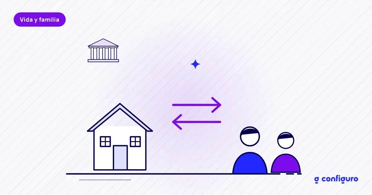 Ilustración de una casa, un banco y una familia: vida deudor o vida individual