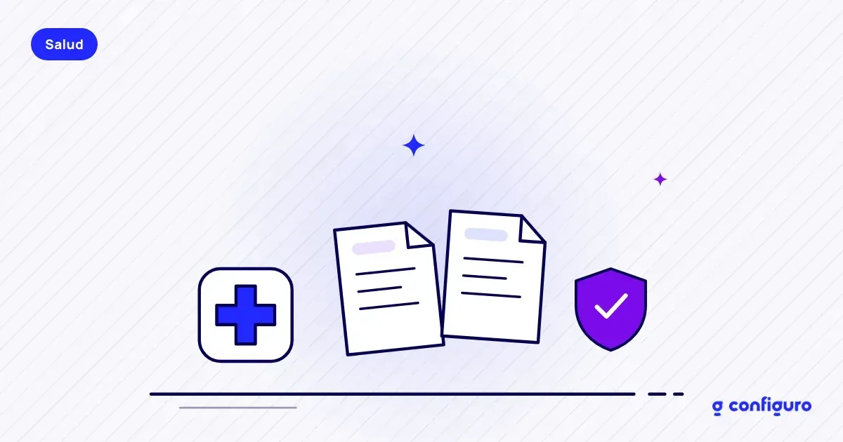 Ilustración de una cruz de salud, dos documentos y un escudo: EPS, prepagada y póliza de salud