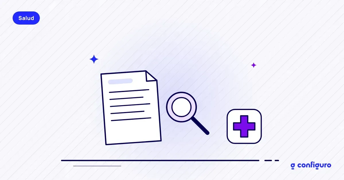 Ilustración de un contrato con una lupa y una cruz de salud: preexistencias en tu plan de salud