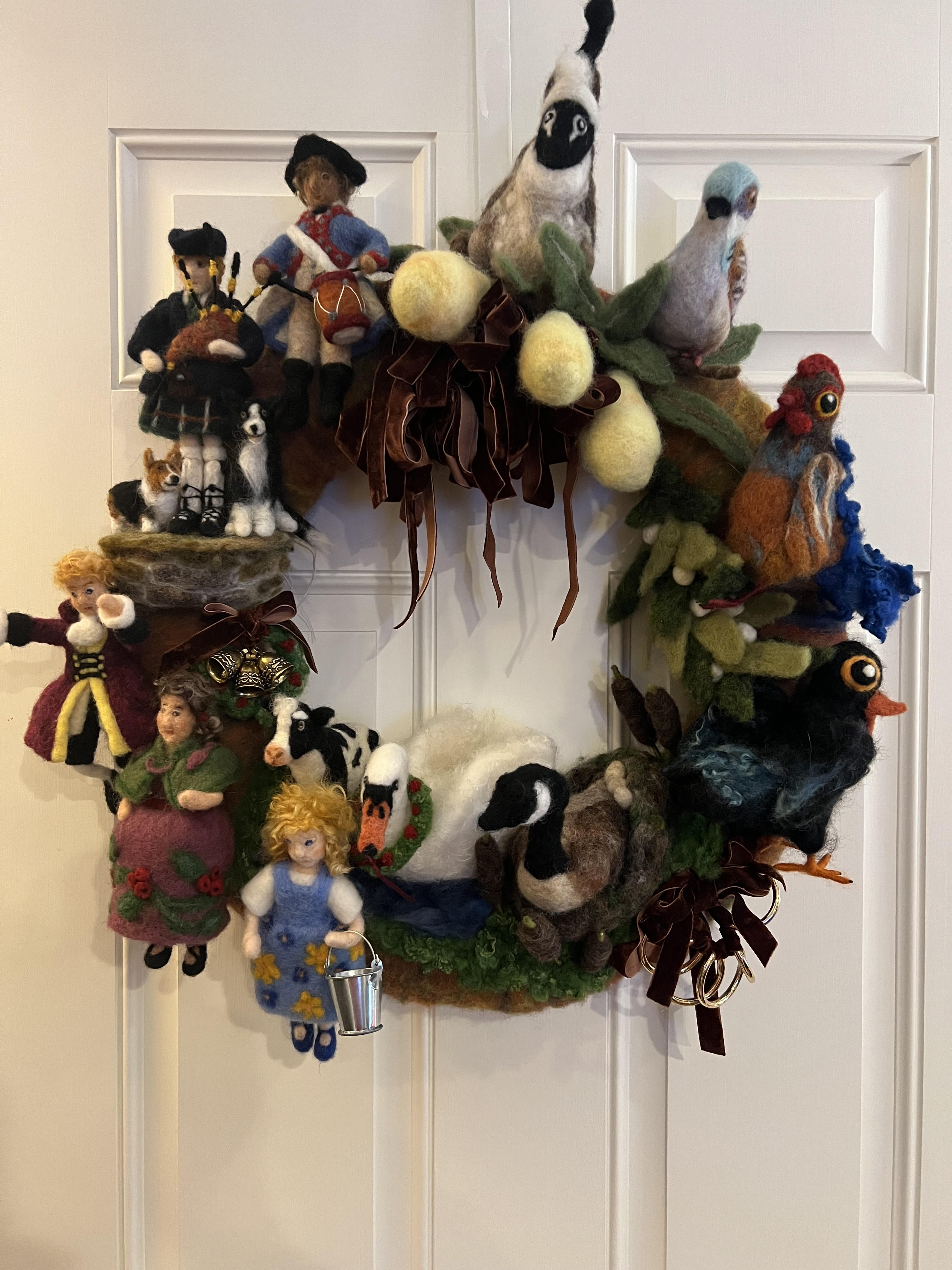 needle felted Twelve Days of Christmas inspired Wreath