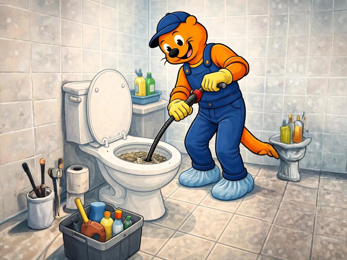 Vidro WC duguláselhárítás közben, kesztyűben és cipővédőben, tiszta munkával