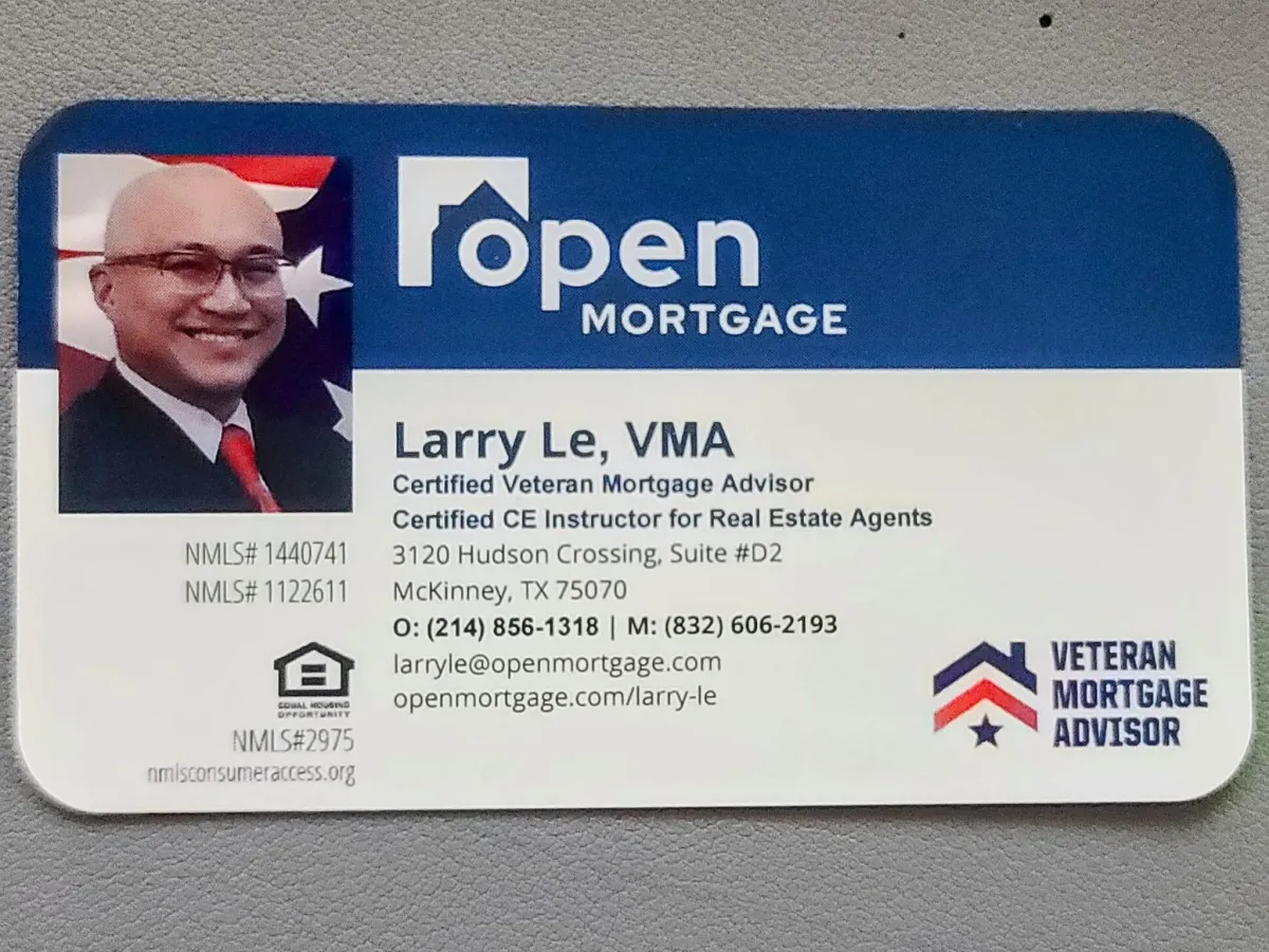 Larry Le Business Card Veteran Mortgage Advisor, Licensed Financial Educator, and Marketing Director