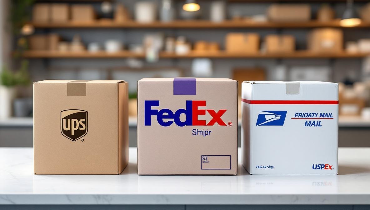USPS FedEx UPS shipping boxes side by side comparison