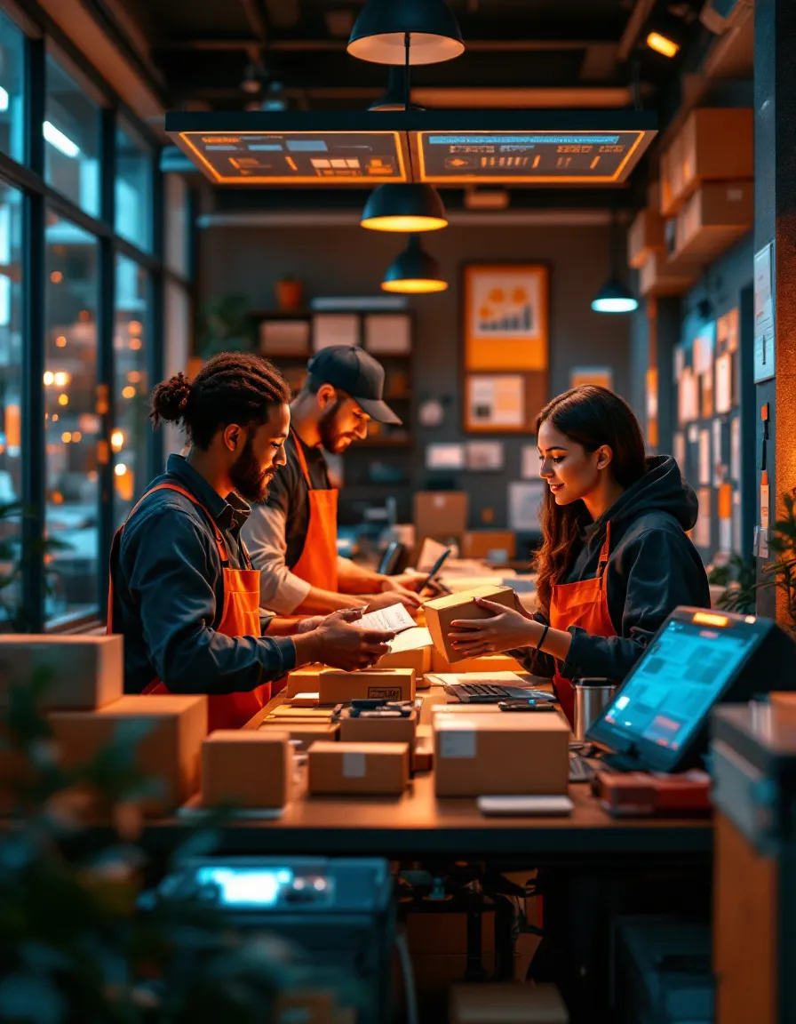 Smiling local shipping expert assisting a customer with a package at a bright, modern service counter. The background shows organized shelves with shipping supplies and a welcoming atmosphere. Both individuals appear friendly and engaged, representing trust and professionalism.
