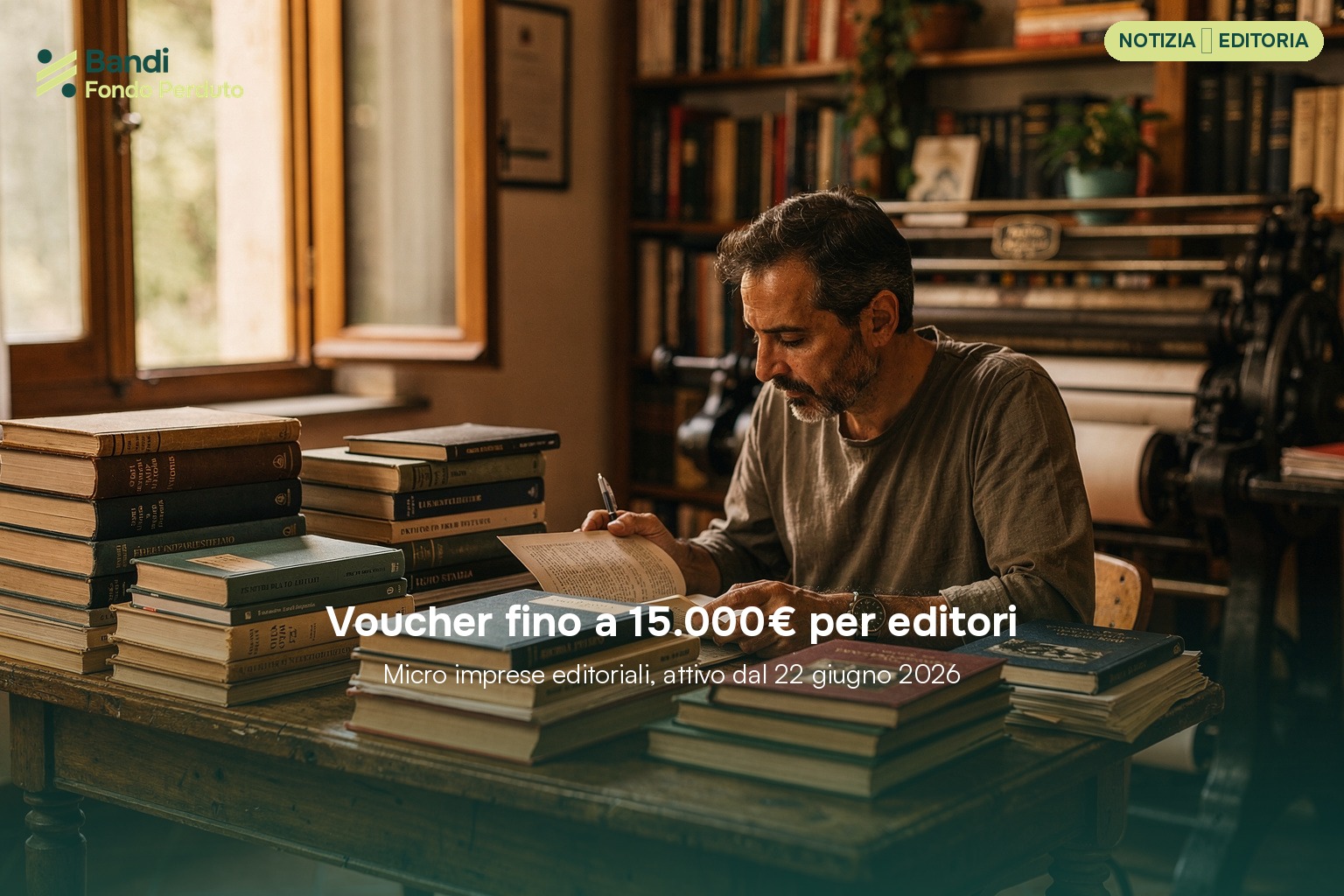 Libri impilati e una mano che indica un grafico di crescita, simbolo del sostegno ai piccoli editori per fiere e digitalizzazione.