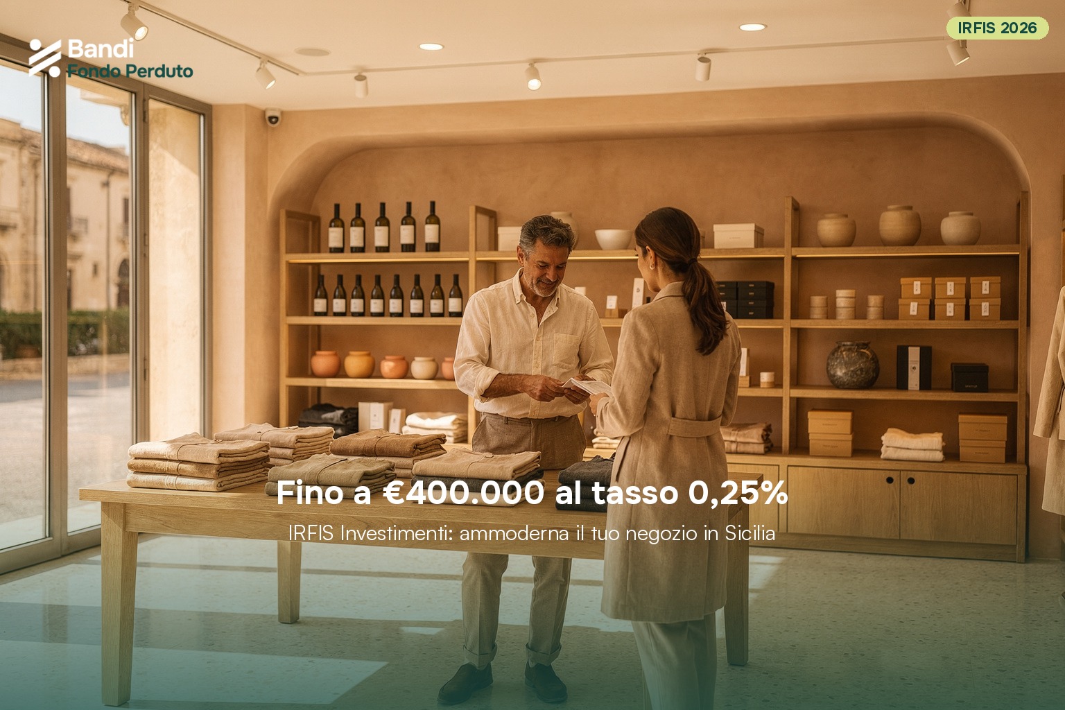 Vetrina negozio di abbigliamento in Sicilia con insegna luminosa, computer e documenti su scrivania per finanziamento IRFIS