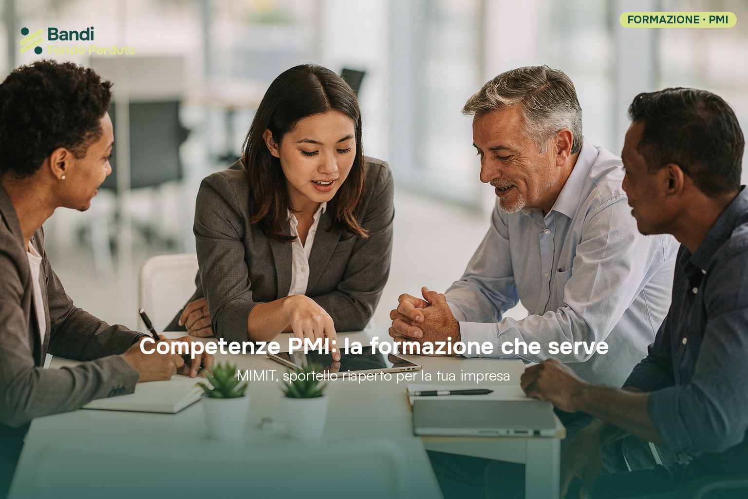 Imprenditore e dipendenti in aula, discutono di transizione digitale e sostenibilità con un consulente MIMIT per la formazione e sviluppo delle competenze.
