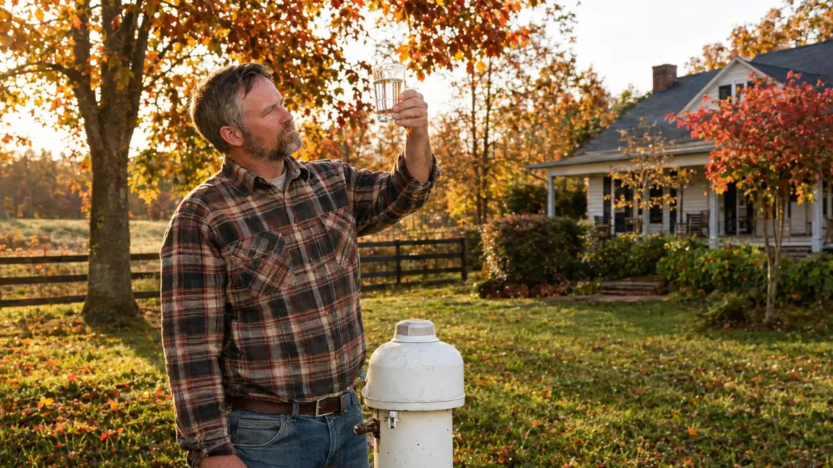Upstate South Carolina homeowner inspecting well water in autumn