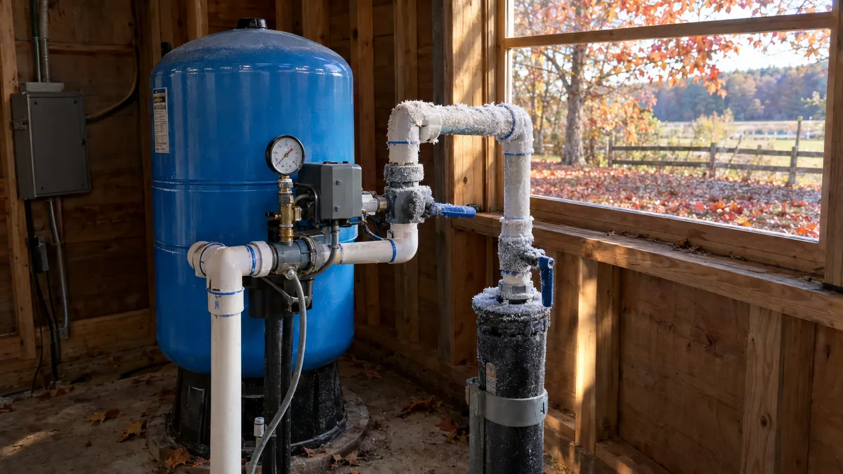 Well pump pressure tank system inside a pump house on a rural South Carolina property in autumn