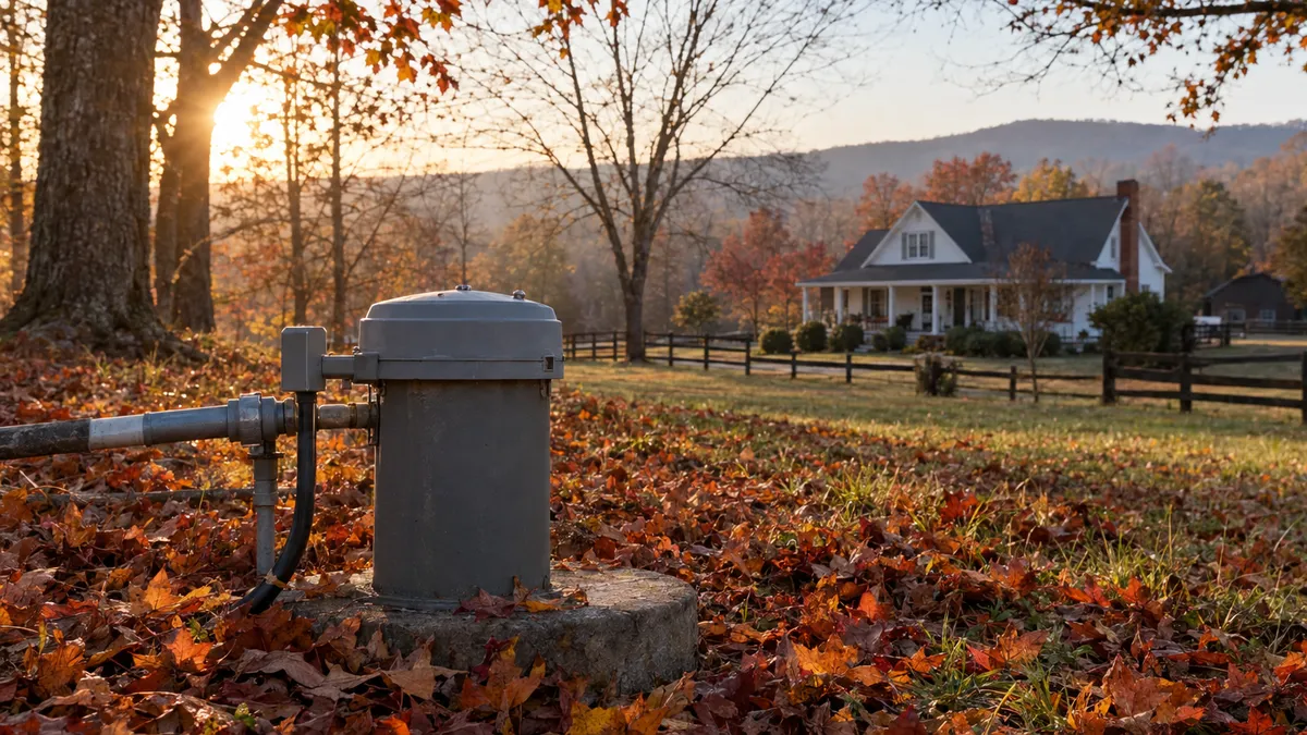 A residential wellhead surrounded by autumn leaves in Upstate South Carolina