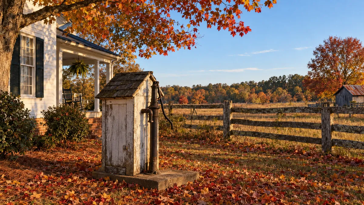 Rural South Carolina home with well pump in autumn, fall leaves on the ground