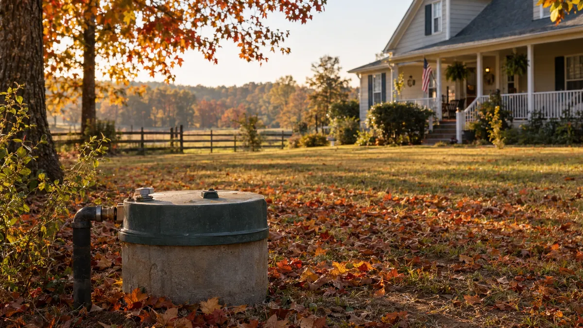 Residential water well cap surrounded by autumn leaves in rural Upstate South Carolina