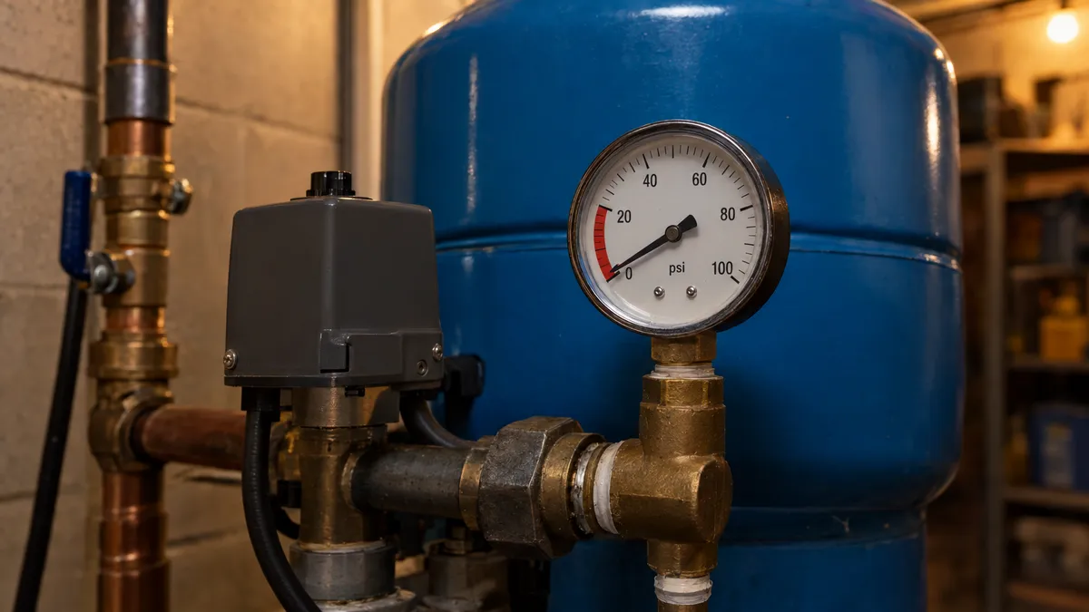 Residential well pressure gauge showing low pressure — a common sign of a failing well pump