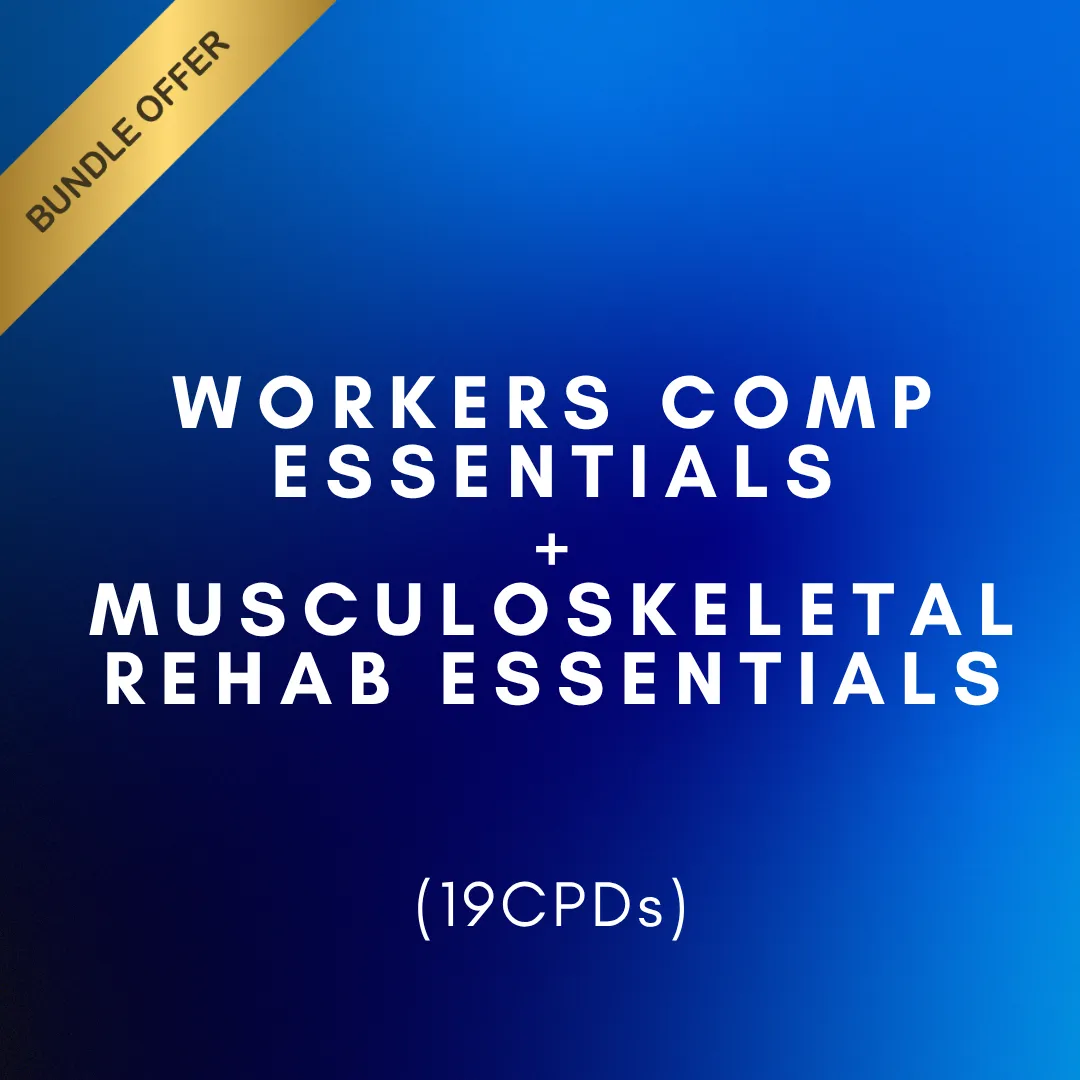 Workers Comp Essentials and Upper Limb Rehabilitation for EPs online course bundle offering 18 CPDs.