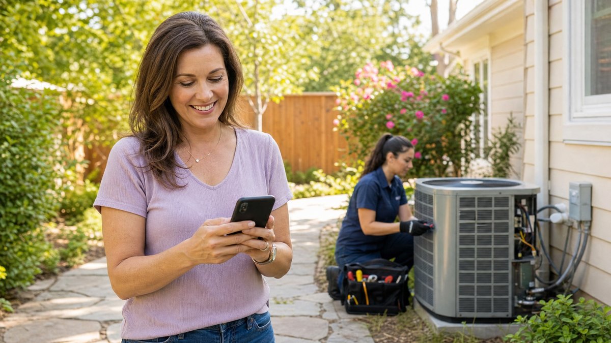 A happy woman homeowner reviewing a professional contractor's service on her phone, with an HVAC technician working neatly in the background.