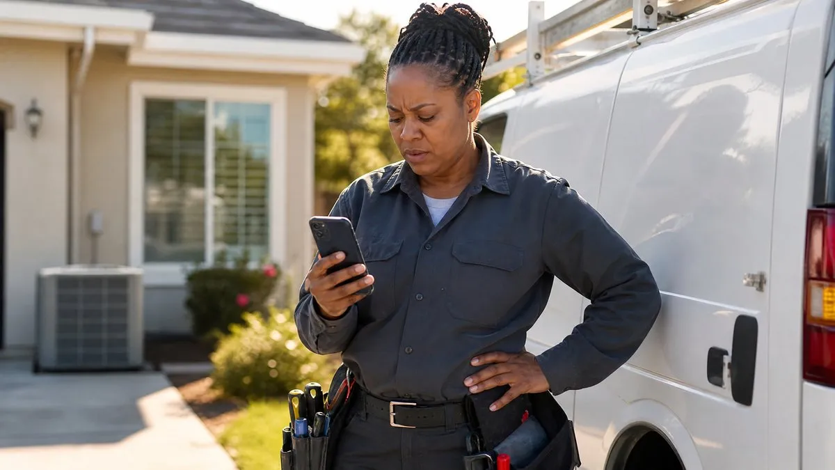 Home Service Provider Standing Outside of Work Van looking down at mobile phone