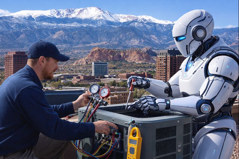 Robot helping a trades professional in Colorado Springs| Sizzlin' Fried Ads