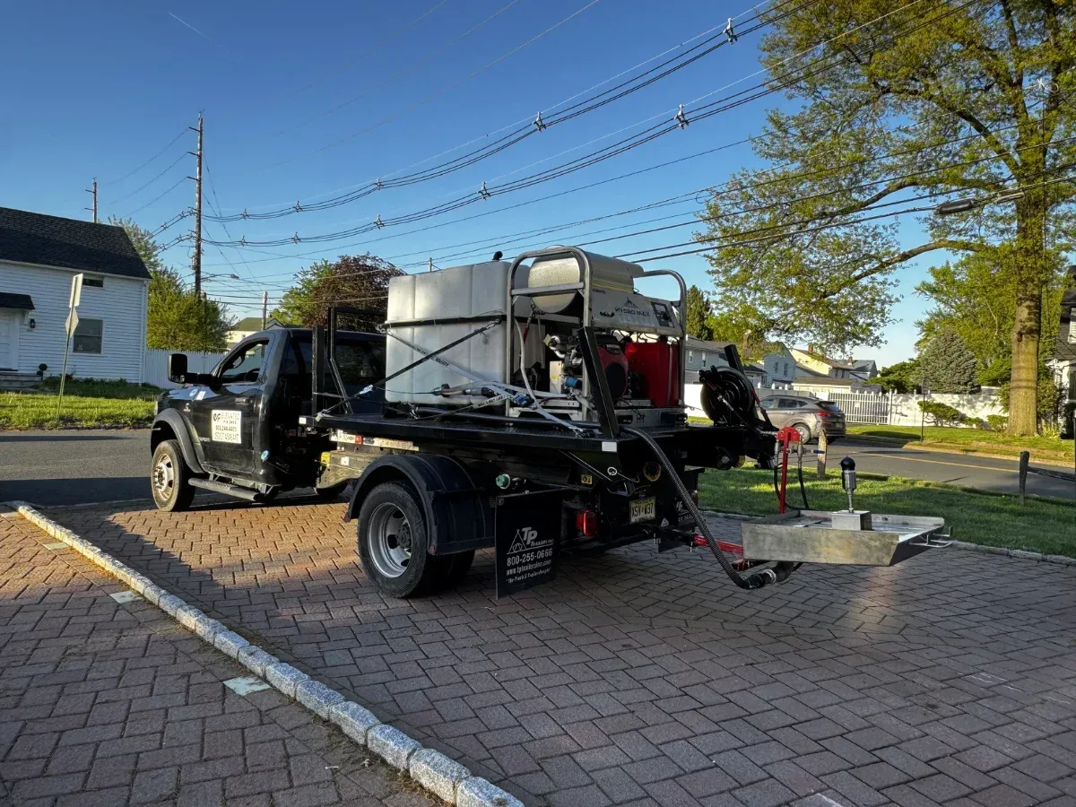 A black heavy-duty truck with a large tank and equipment in its bed, parked on a brick driveway during the day.