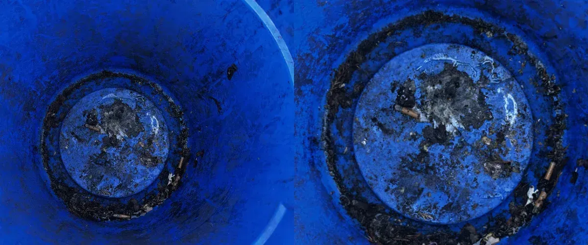 A close-up, overhead view of a grimy blue trash can lid covered in ash and cigarette butts.