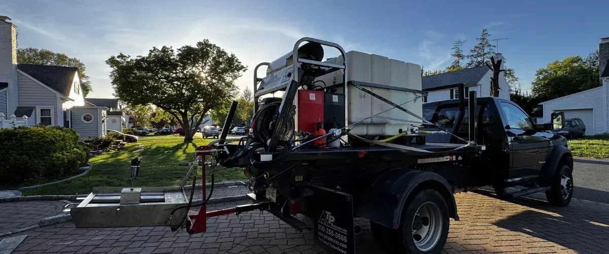 A large black utility truck with equipment in its bed, parked on a brick driveway in a residential neighborhood.
