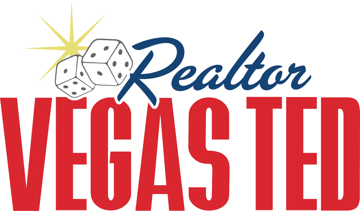 Realtor Vegas Ted Logo. Vintage Vegas lettering, blue and red with dice. 