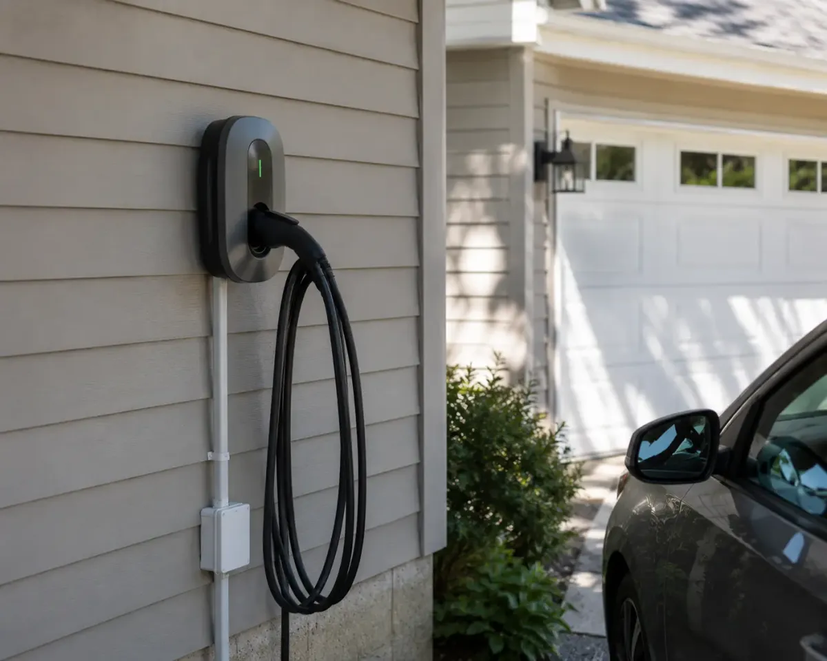 Home Level 2 EV charger on a garage wall