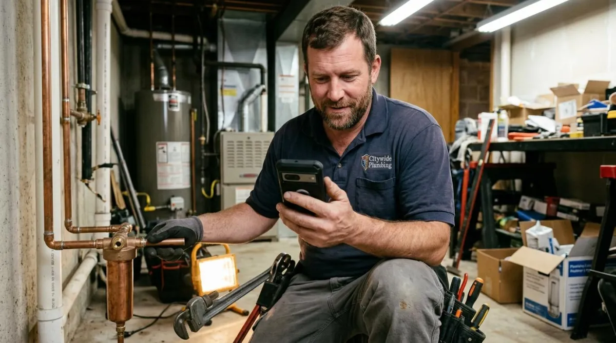 Plumber checking phone showing Google Maps top 3 ranking after local SEO for plumbers campaign