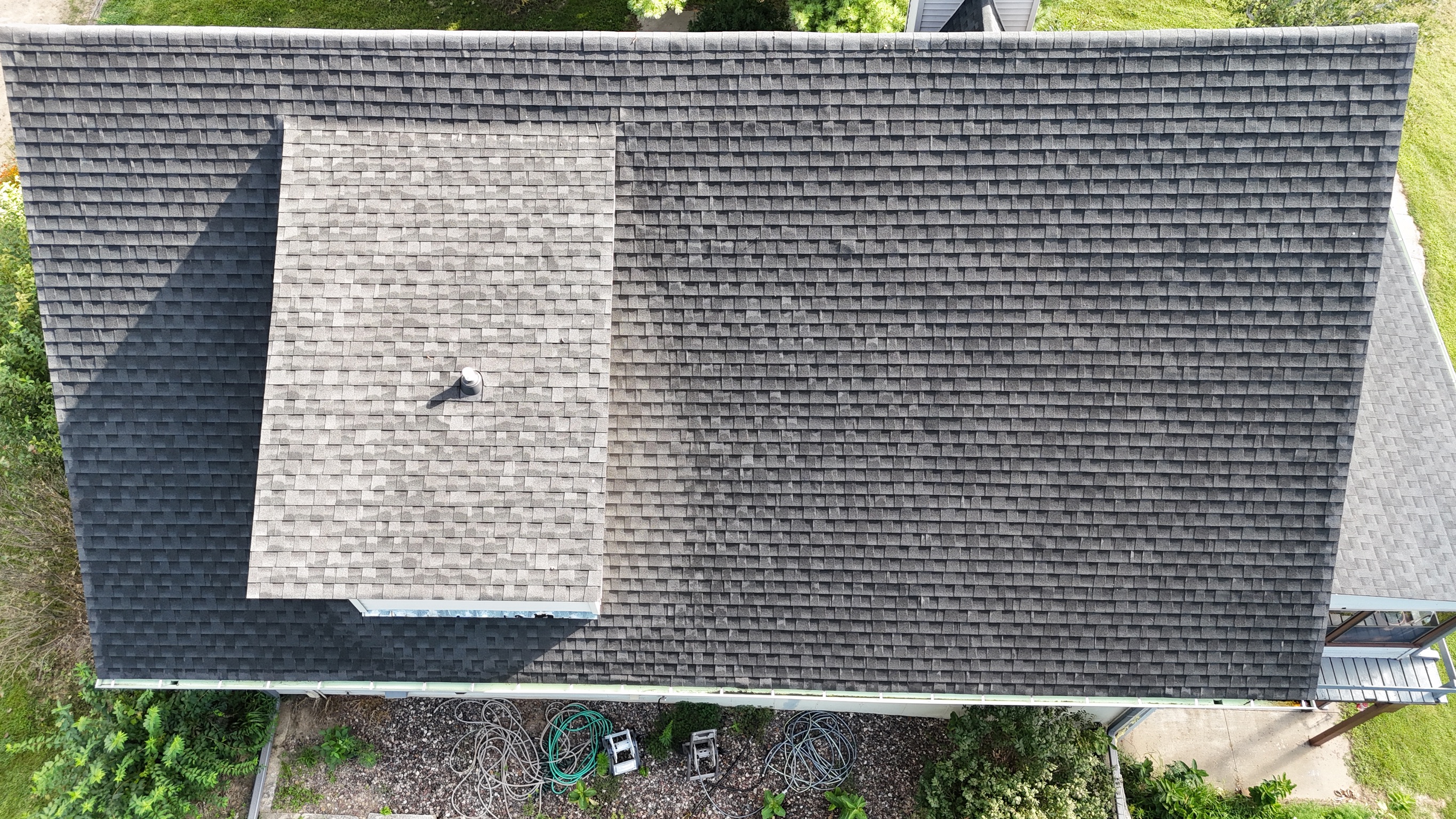 Drone view of a completed residential roof replacement in the Lena, Illinois area.
