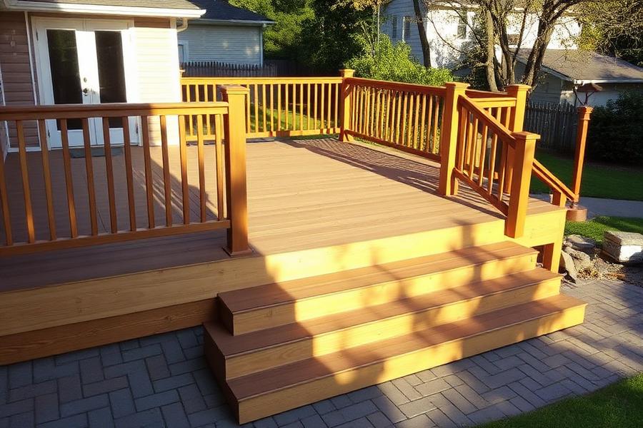 Custom low-profile composite deck installation with wide stairs leading onto a brick paver patio by Precision Exterior Inc.