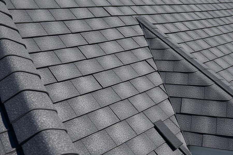 Detailed view of properly installed dark gray roof ridge cap shingles.