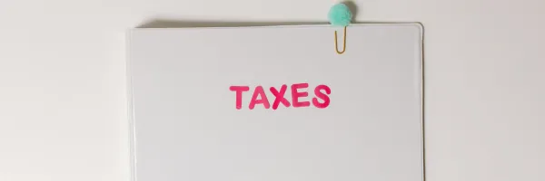 Folder with Taxes written on the front in pink lettering and a gold and green paperclip clipped onto the top of the folder.