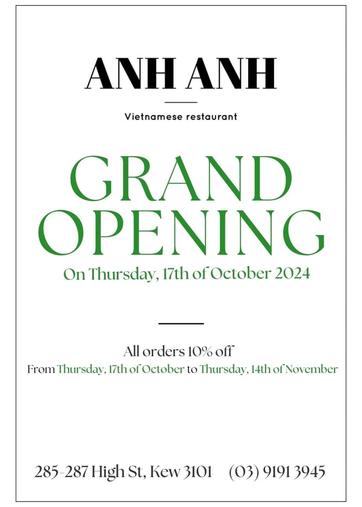 Grand Opening of Anh Anh Vietnamese Restaurant