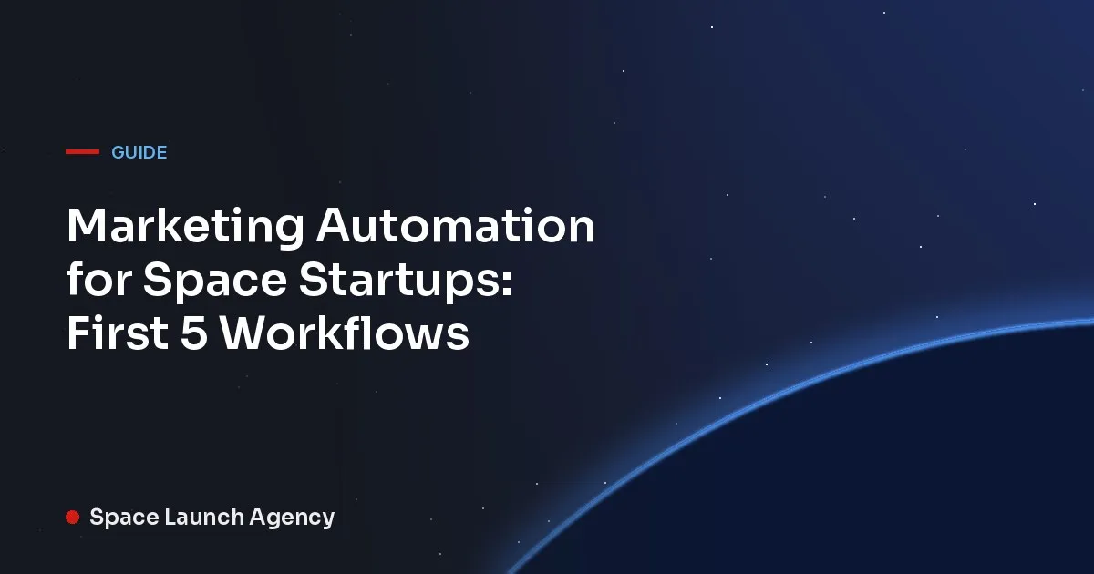 Title card reading Marketing Automation for Space Startups: First 5 Workflows, Space Launch Agency